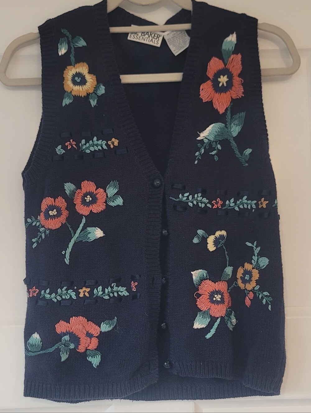 Liz Baker Navy Sweater Vest with Coral, Yellow & Teal Floral Embroidery